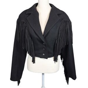 Vintage Trendz Western Wool Fringe Leather Jacket In Black Size Medium